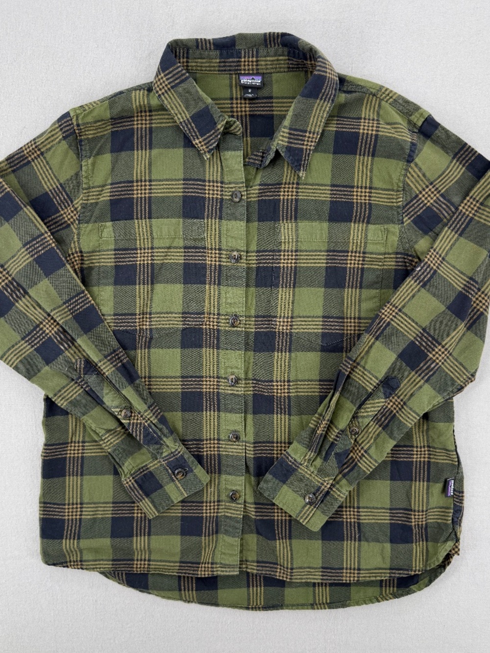 Patagonia Organic Cotton Plaid Flannel Shirt Green Brown Gorpcore Hike Women M